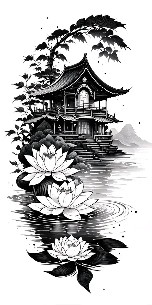 path of enlightenment along sleeve from wrist to shoulder. lotus, water, constellation, koi, bamboo, small house