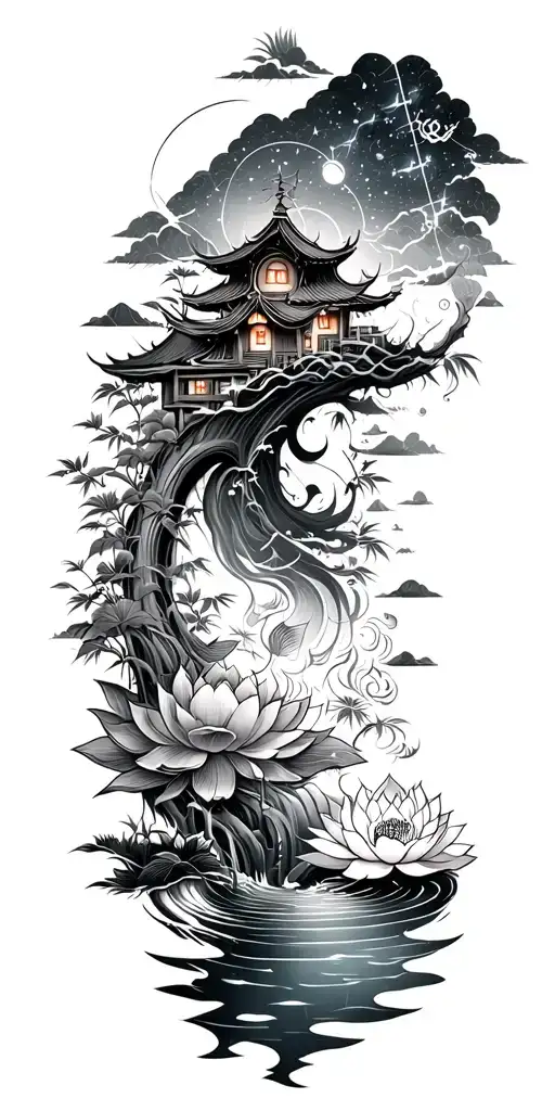 path of enlightenment along sleeve from wrist to shoulder. lotus, water, constellation, koi, bamboo, small house - Variation 2
