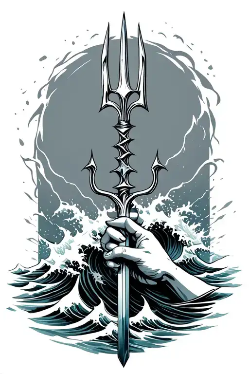 trident wirh waves crashing and hand pulling down trident no background