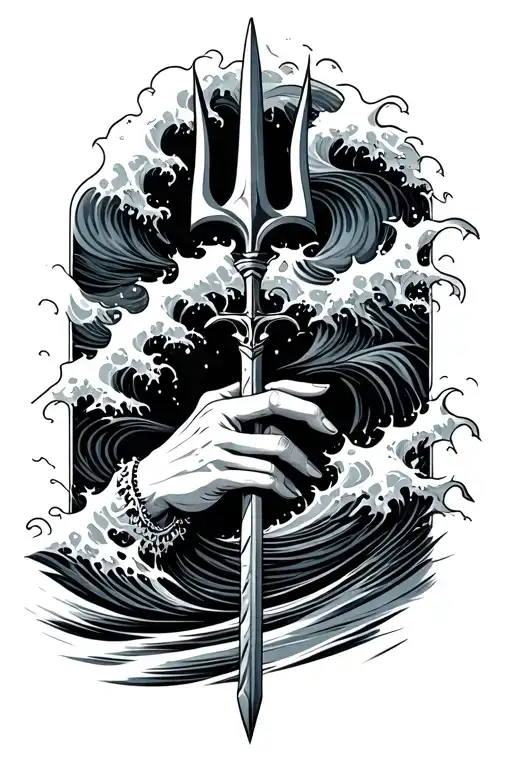 trident wirh waves crashing and hand pulling down trident no background - Variation 2