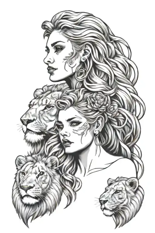 girl and lions head faced