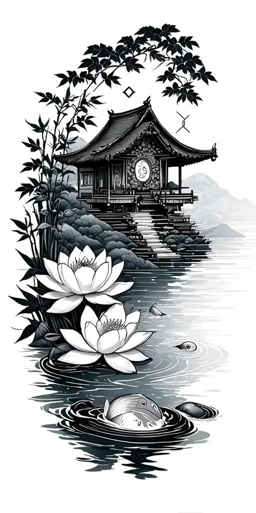 path of enlightenment along sleeve from wrist to shoulder. lotus, water, constellation, koi, bamboo, small house - Variation 5