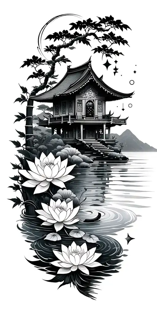 path of enlightenment along sleeve from wrist to shoulder. lotus, water, constellation, koi, bamboo, small house - Variation 6