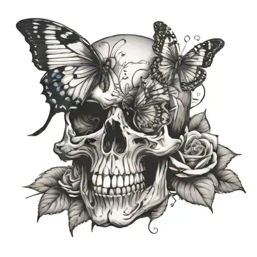 skull with butterfly emerging from eye and roses