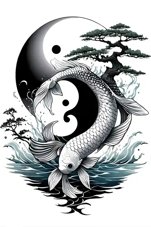 Japanese back tattoo with black sun, Koi carp, ying and yang, splashing water and bonsai tree
