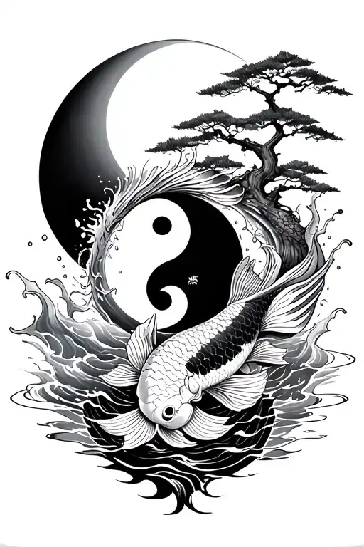 Japanese back tattoo with black sun, Koi carp, ying and yang, splashing water and bonsai tree - Variation 2
