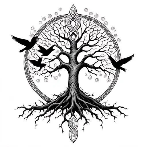 Celtic tree of life with birds and entangled roots