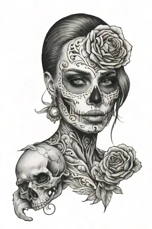 half woman face half skull face tattoo without flowers
