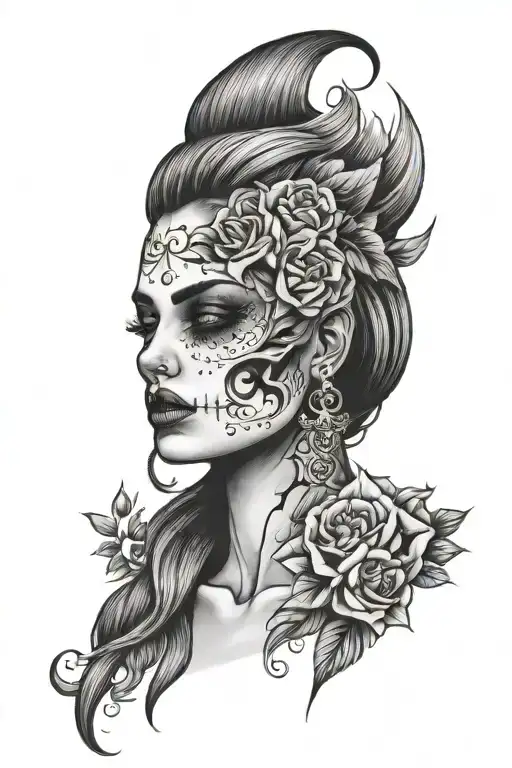 half woman face half skull face tattoo without flowers - Variation 2