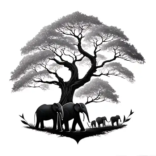 white and black trees with elephants family 