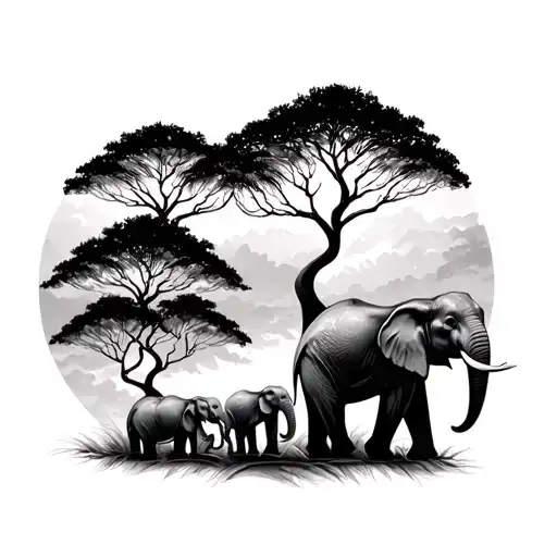 white and black trees with elephants family  - Variation 2