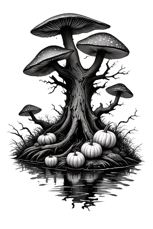 A grim realistic forest with mushrooms and pumpkins with a small stream in the middle.