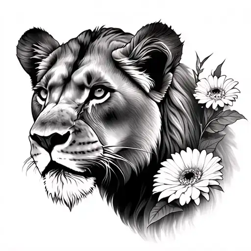 lioness, gerbera, sketch tattoo design - Variation 2