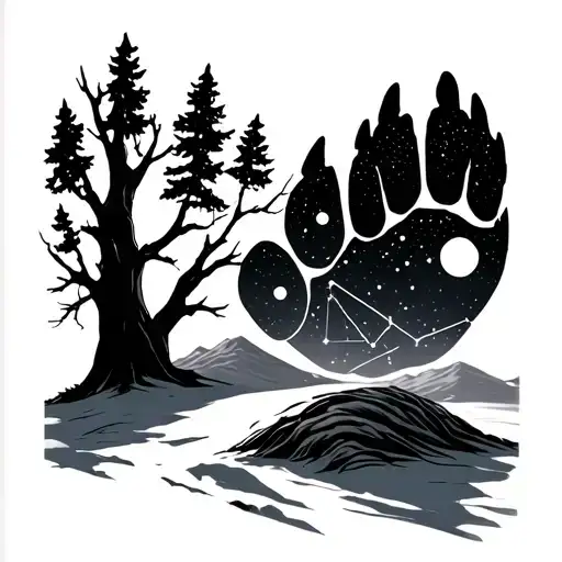 Bear Paw, with a tree half winter half spring, and the ursa minor constellation