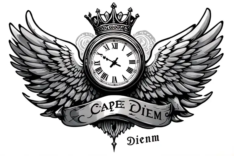 wings with clock at 20:09, crown in the top, carpe Diem in the bottom