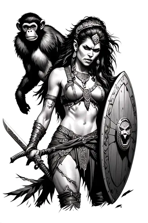 angry amazonian warrior woman with monkey on shoulder holding with sword and shield in jungle - Variation 2