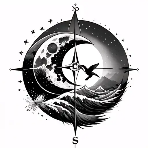 Moon,Sun, Waves, Feather,Mountains Ohm, Infinity symbol,Compass,Humming bird mix these all and make one in