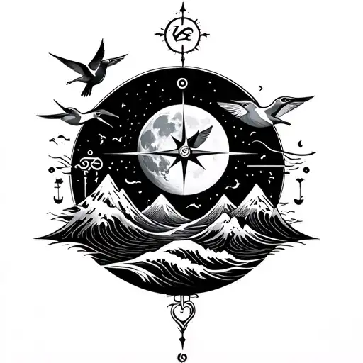 Moon,Sun, Waves, Feather,Mountains Ohm, Infinity symbol,Compass,Humming bird mix these all and make one in - Variation 2