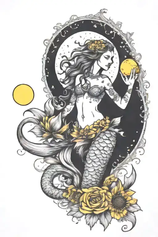 mermaid with it's tail wuth sunflowers and yellow carnations, while holding a moon in her hands - Variation 3