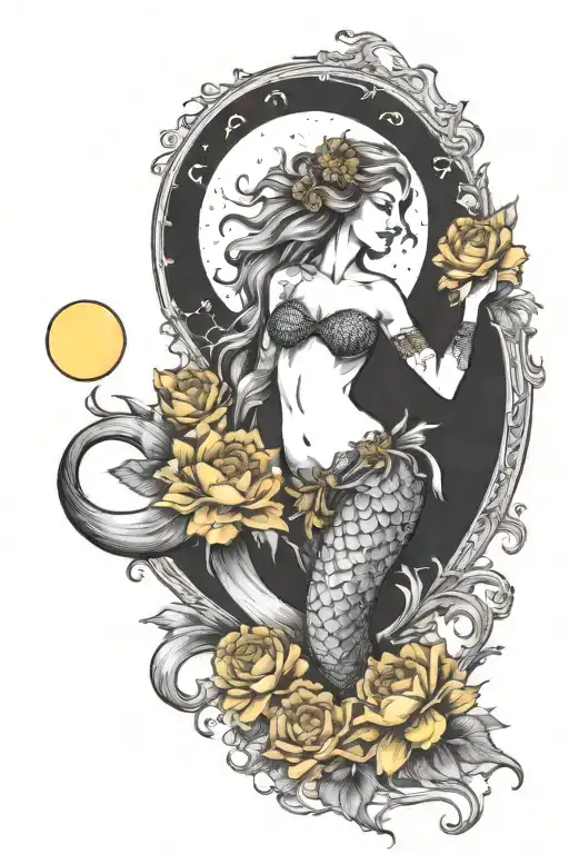 mermaid with it's tail wuth sunflowers and yellow carnations, while holding a moon in her hands - Variation 4