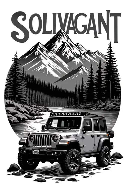 "Solivagant" "Solivagant" "Solivagant" "Solivagant" topless jeep wrangler in wilderness creek and mountains joined together