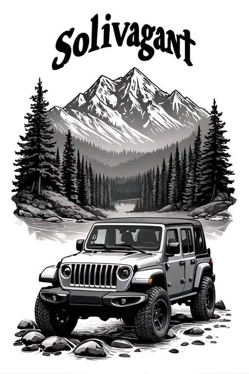 "Solivagant" "Solivagant" "Solivagant" "Solivagant" topless jeep wrangler in wilderness creek and mountains joined together - Variation 2