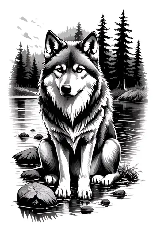 Sitting Wolf in the forest near the river - Variation 2