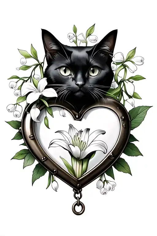 black cat holding lily of the valley inside of a heart locket - Variation 2