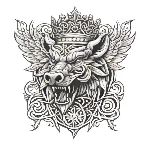 Angry Boar head with a sword and wings wearing a crown with a Celtic trinity knot pattern