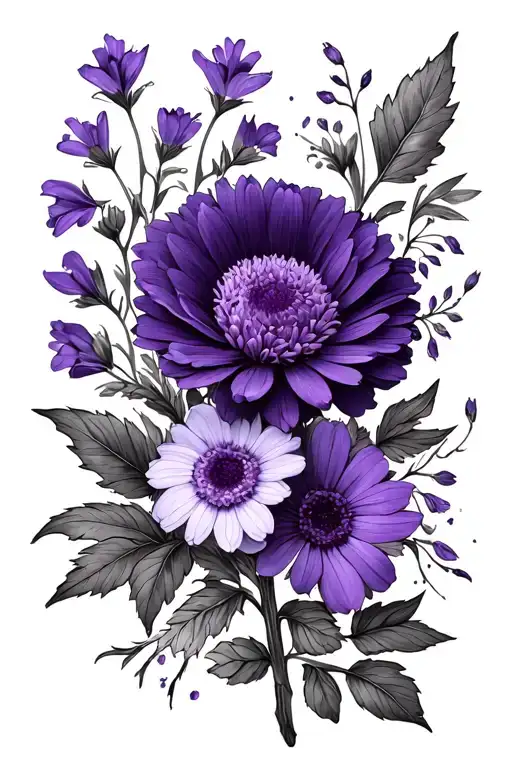 violet flower, aster flower, and sweet pea flower, leaves
