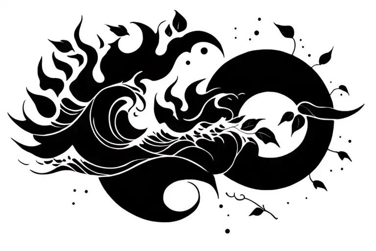 Waves, fire, wind, sun moon cloud, leaves minimal tattoo