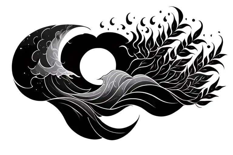 Waves, fire, wind, sun moon cloud, leaves minimal tattoo - Variation 2