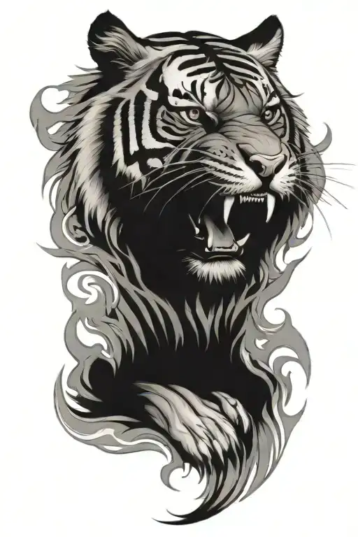Tiger and fire flames