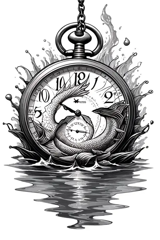 pocket watch surrounded by water with Pisces symbol