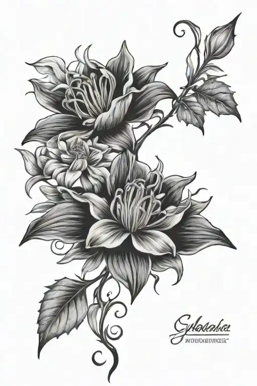 columbine flower with night rider lily flower and gothic leaves under collar bone and done sternum