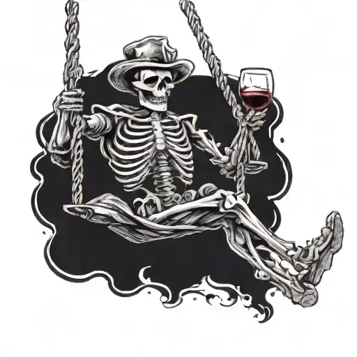 happy skeleton on a swing with a glass of wine in his hand; in renaissance style
