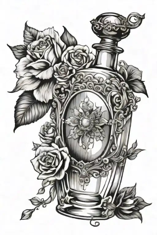 Aqua Tofana, crystal perfume bottle with a pretty label, tattoo lineart - Variation 2