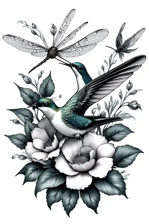hummingbird, dragonfly, flowers coming - Variation 2