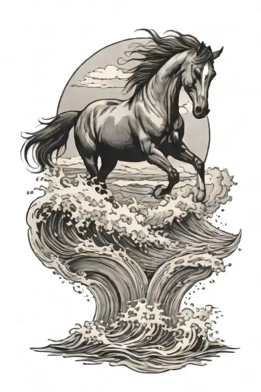 A black-grey tattoo of a serene beach scene with a horse peacefully swimming in the ocean waves