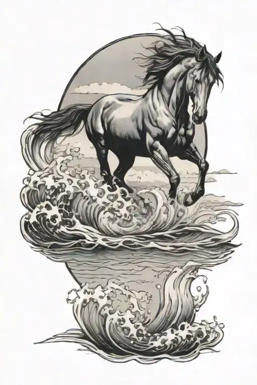 A black-grey tattoo of a serene beach scene with a horse peacefully swimming in the ocean waves - Variation 2