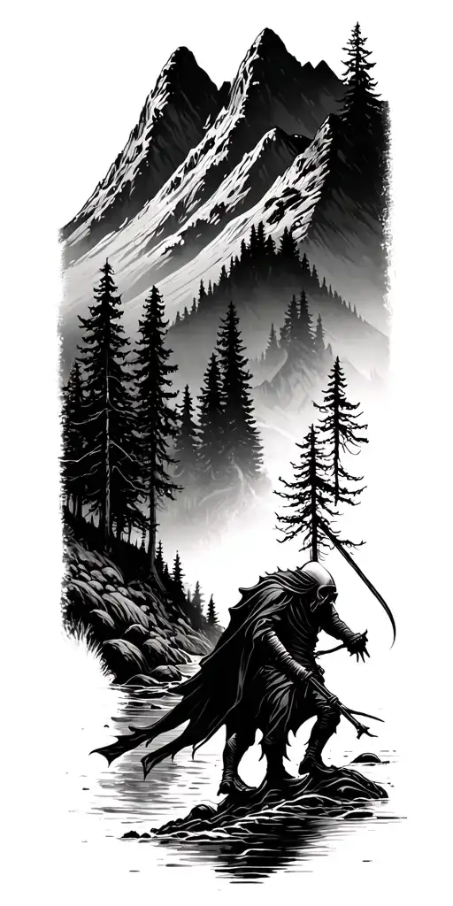 forest with river flowing and mountain range silhouette with a reaper walking through valley - Variation 2