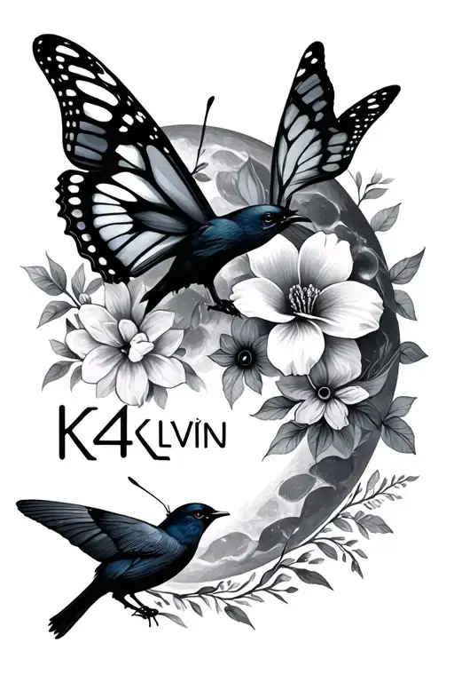 the words k4klivin with birds and flowes butterfly moon