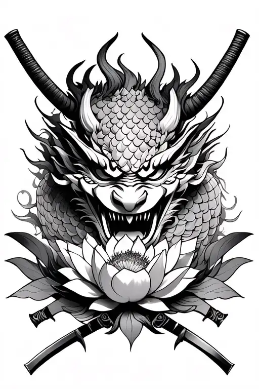 oni mask surrounded by dragon scales with lotus flower and katanas as accent