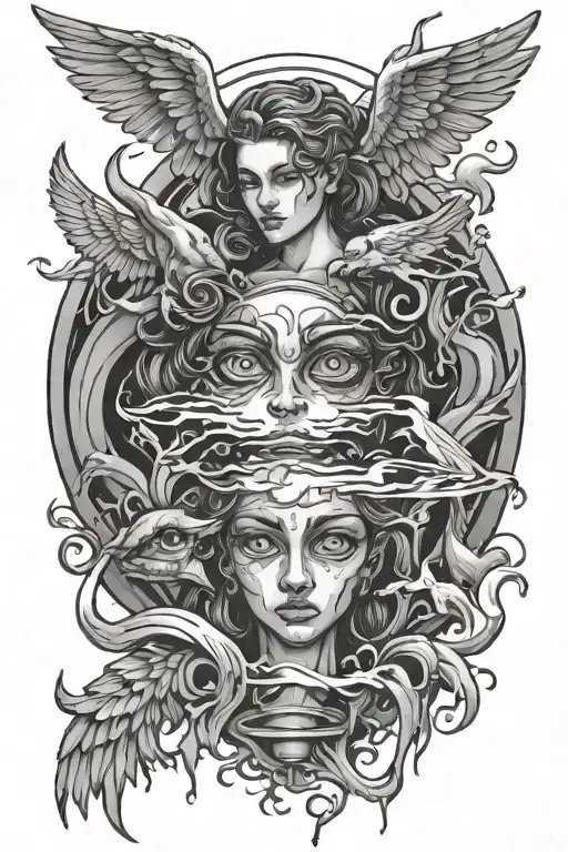 eyes crying tears landing in pool below and pool is being destroyed and repaired by angels and demons
