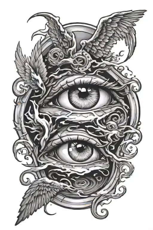 eyes crying tears landing in pool below and pool is being destroyed and repaired by angels and demons  - Variation 2