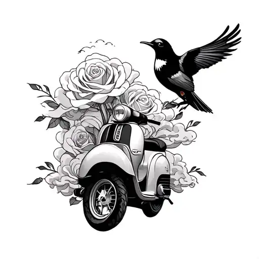 roses, clouds, moped, son, bird