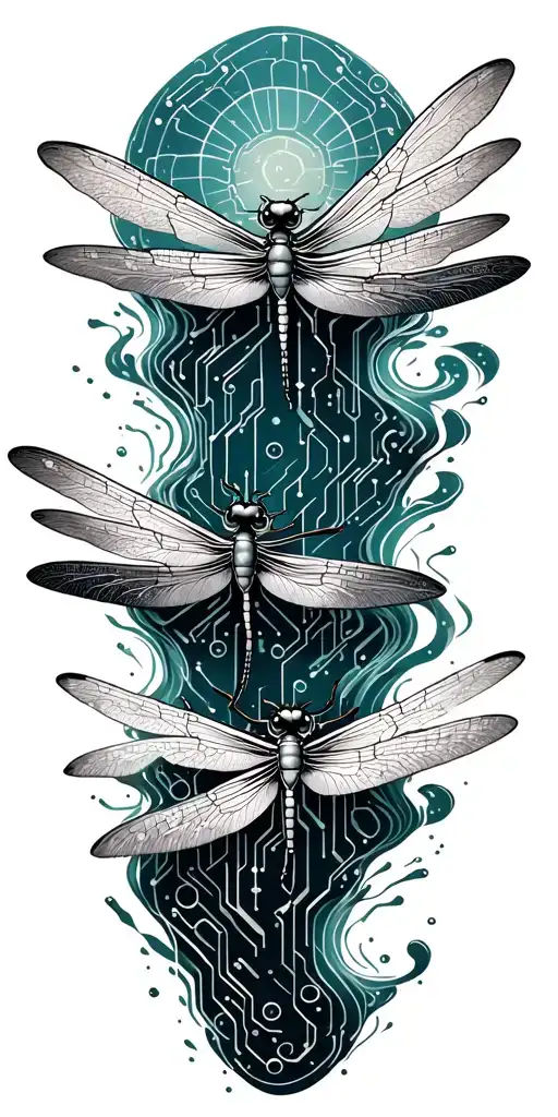 three dragonflies, flying over a tiled ocean made out of electrical circuits.