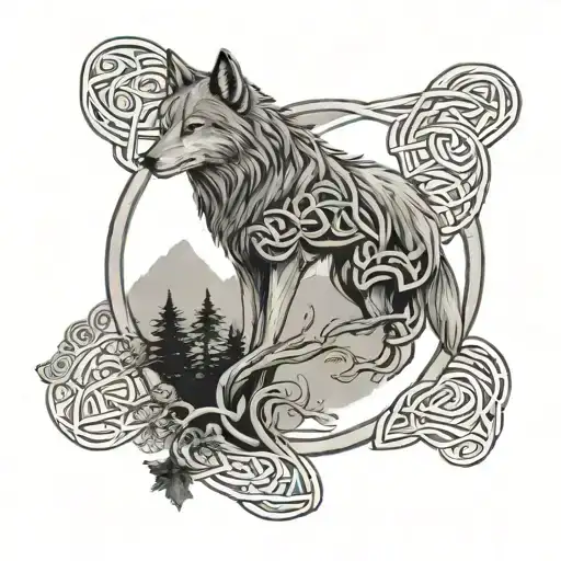 A Celtic knot, tree and wolf merging to wrap around the bicep - Variation 2