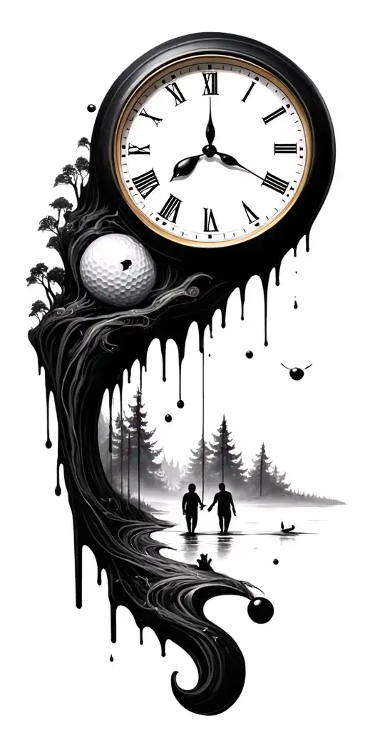 salvador dali melting clock and forest scene and family and golf - Variation 2