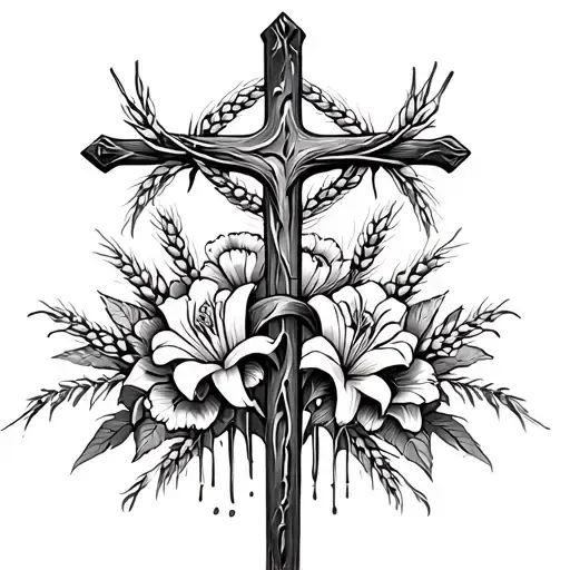 Cross with Vinescurling  up it with small roses carnations and lilys intertwined and Wheat in the Back tattoo - Variation 2